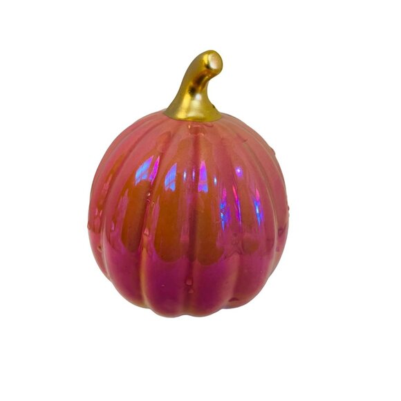 Ceramic Iridescent Pumpkin Figurine With Gold Stem 5" H x 4" W - Picture 5 of 5